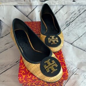 NEW TORY BURCH REVA NAVY RAFFIA STRAW WOVEN BALLET FLATS LOAFER SHOES 9 $275